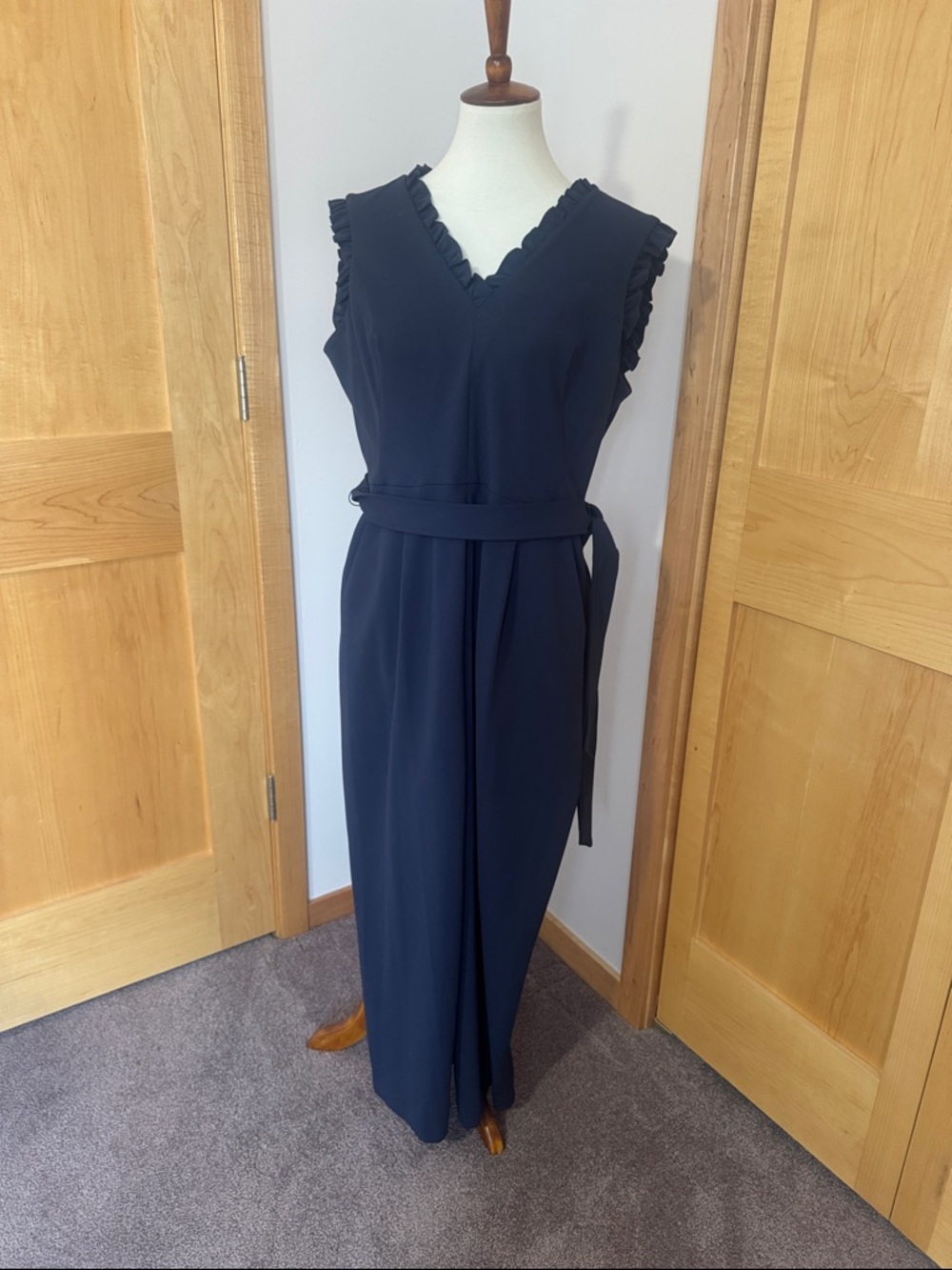 Calvin Klein Navy Sleeveless V-Neck Maxi Dress with Self Tie Belt